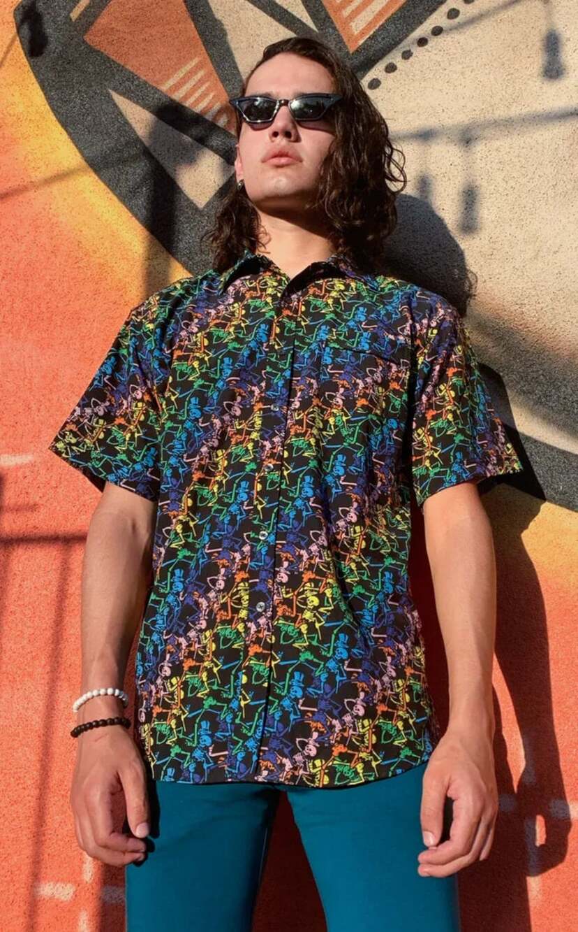 Grateful Dead Jammin Warrior Collective Rainbow Dancing Skeletons Button Down Sh